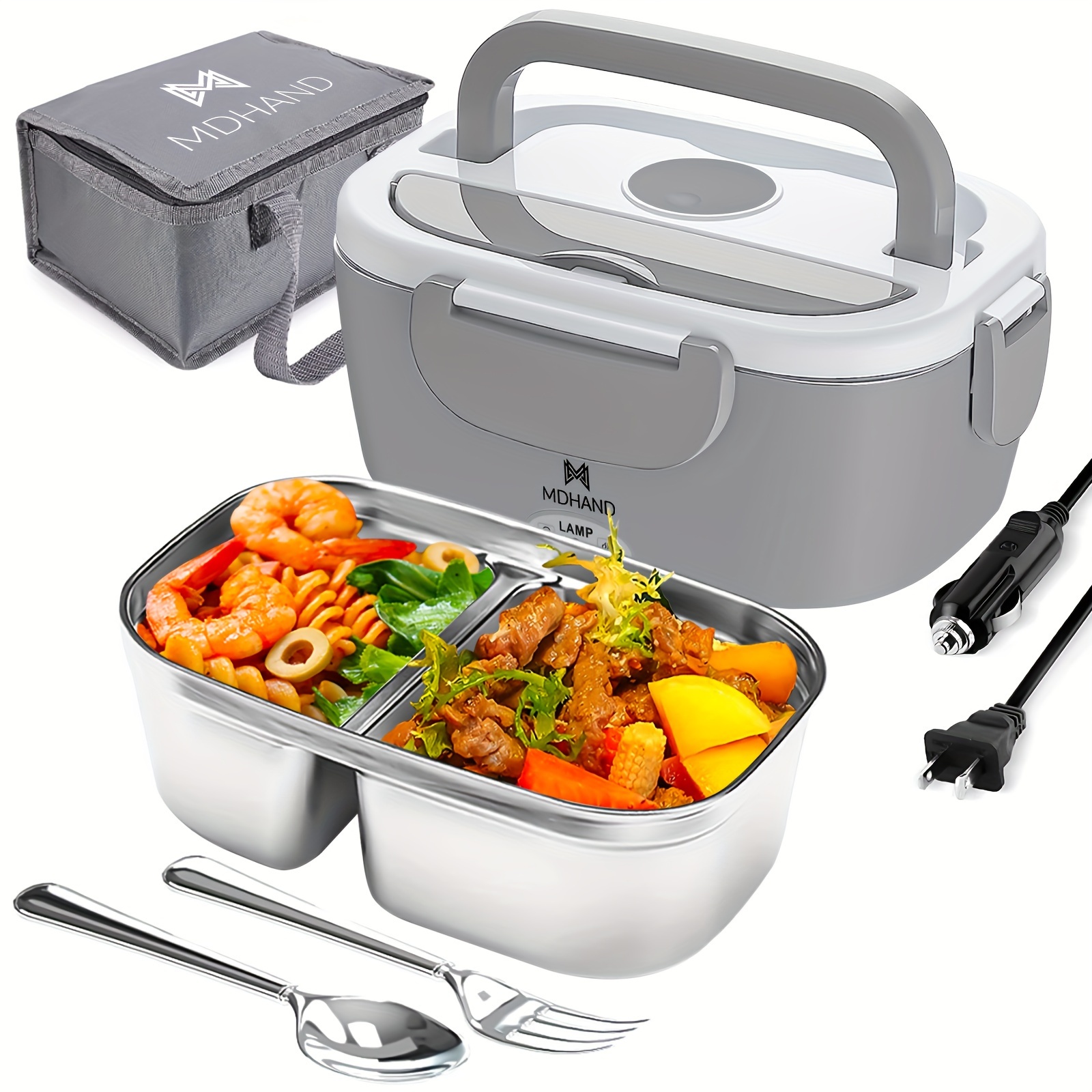 

Mdhand 65w Electric Lunch Box - Stainless Steel, Leak-proof 1.5l Portable Food Warmer With Dual Compartments, Includes Lunch Bag & Accessories, Ideal For Office, Car, Outdoors, Insulated Lunch Bag