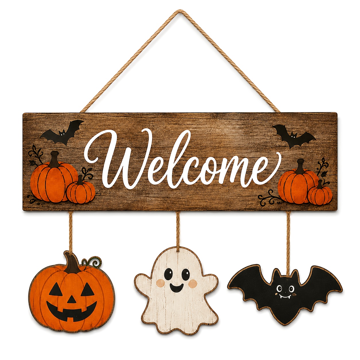 Image of 2d Flat 4pcs Halloween Wooden Wall Decor Set, Pumpkin Pattern Welcome Door Hanger And Bat Ornaments, Country Farmhouse Style Wall Decoration, Suitable For Front Door, Porch, Entrance, And Living Room