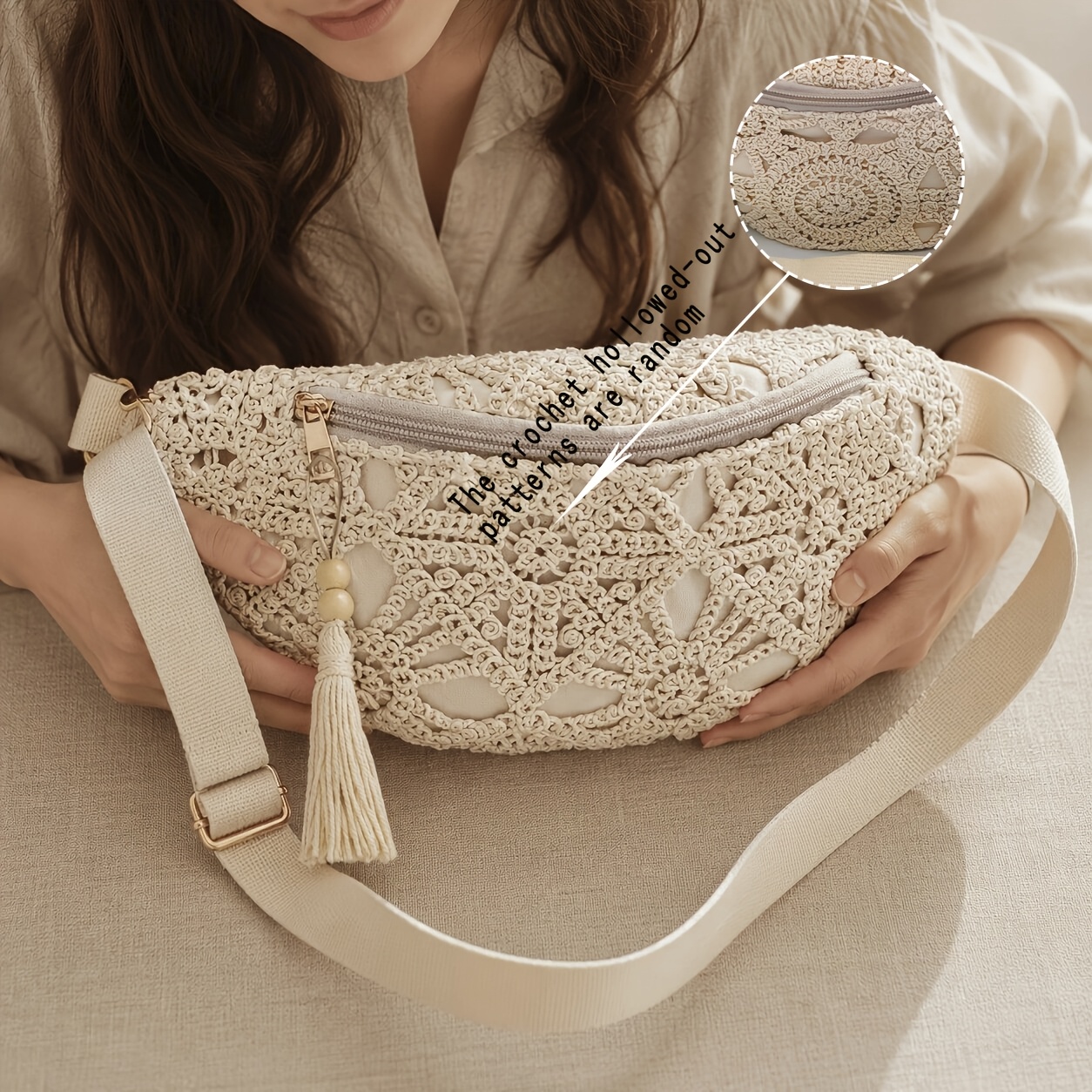 1pc Hengai Women' Bohemian Crochet Waist Bag With Tassel Pendant - Adjustable Crossbody Lace Pouch, Beige Retro Woven Belt Bag Suitable For Music Festivals, Zipper Closure & Fringe, For Daily Use