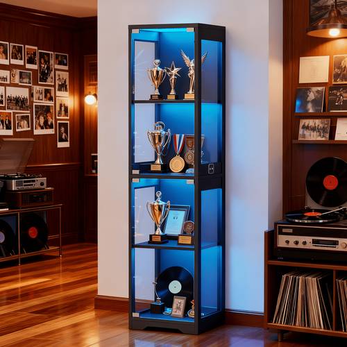 4 tier clear glass display cabinet corner shelf and bookcase for bags collectibles books with 3 color lights and function suitable for game room bedroom study black