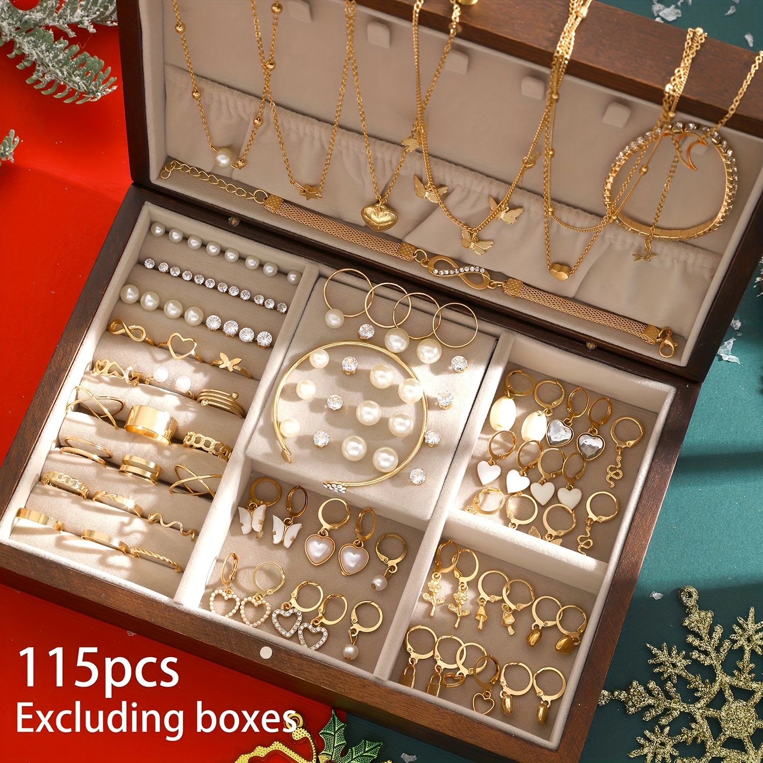115 piezas de juego de joyería de moda para mujeres, elegantes collares de corazón y mariposa, circonita sintética y pendientes de perlas de imitación, pulseras, anillos, juego de varias piezas, estilo vintage y elegante, aleación de zinc, perfecto para el uso diario y fiestas, regalo ideal de Navidad, versátil para todas las estaciones, caja no incluida.