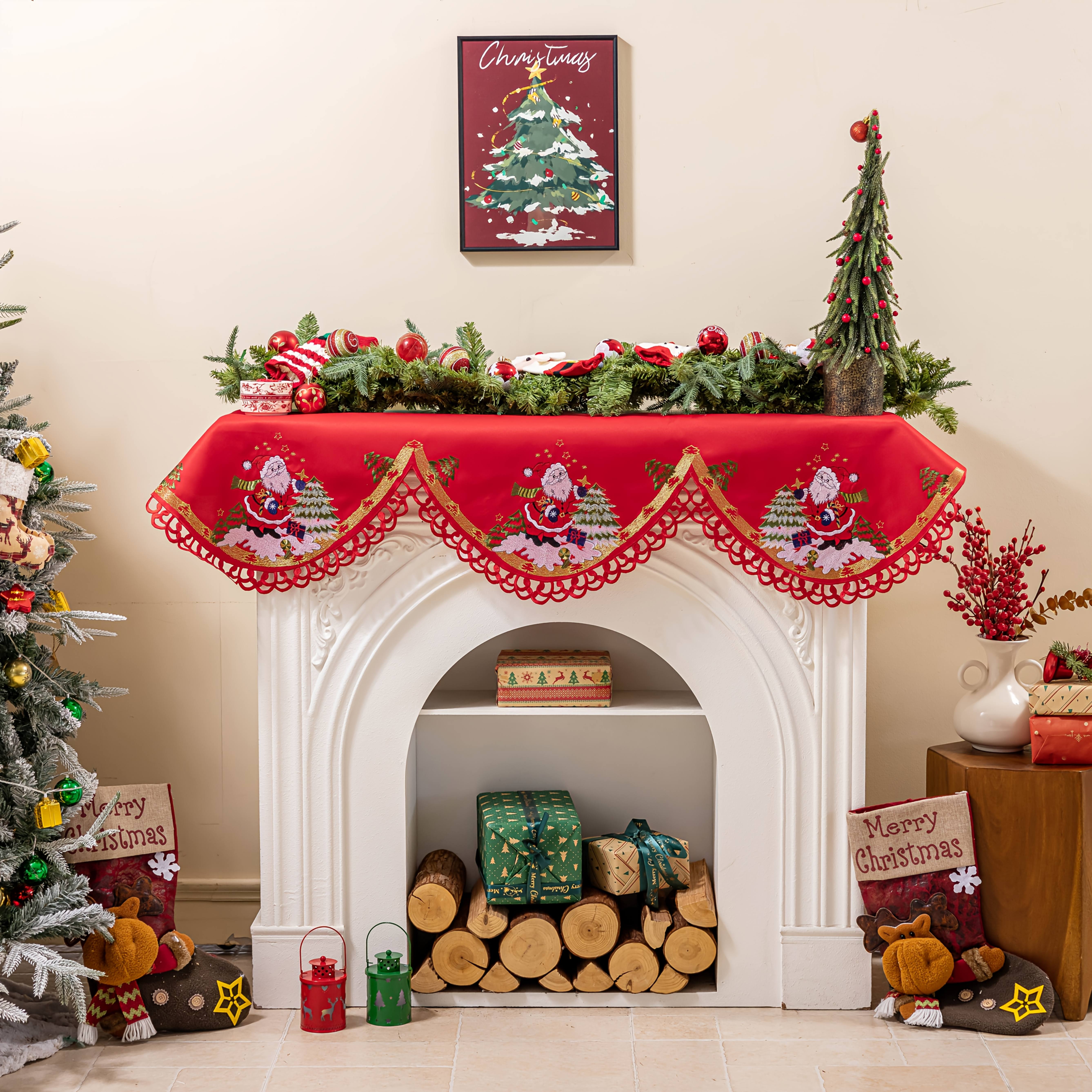 One Polyester Classic Embroidery Christmas Scarf Table Runner Fireplace Cover with Santa Claus and Christmas  , Winter Decoration for Kitchen Dining Room   Party, Vintage Christmas Decor, Christmas Snowflake Table Runners, Christmas Mantel Scarf, Christmas Table Decor, Seasonal Table Setting, Festive Home Decor, Classic Embroidery Design, Festive Textile Decor, Durable Fabric Cover, Holiday Mantel Scarf,  ,  