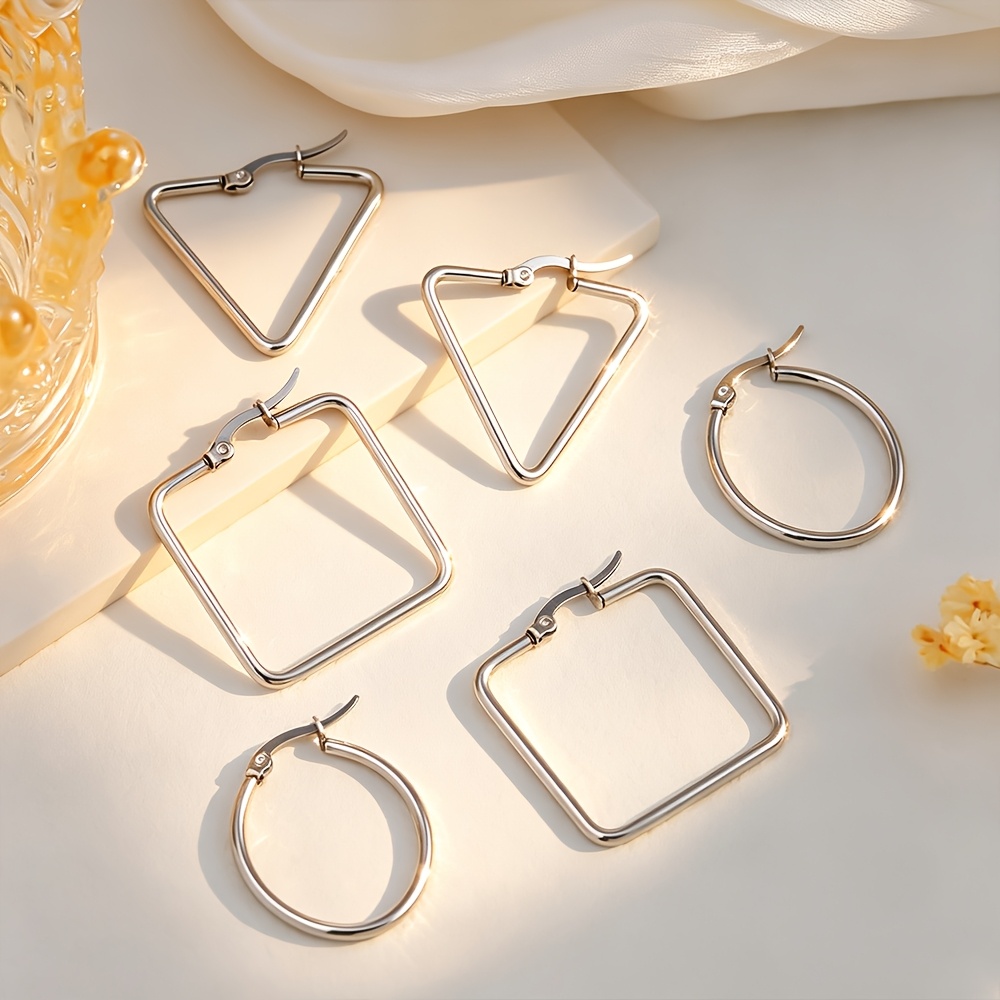 TEMU 3 Pairs Of High-quality 304l Stainless Steel Hypoallergenic Irregular Hoop Earrings Set, Hypoallergenic Lightweight Earrings | Unisex Fashion