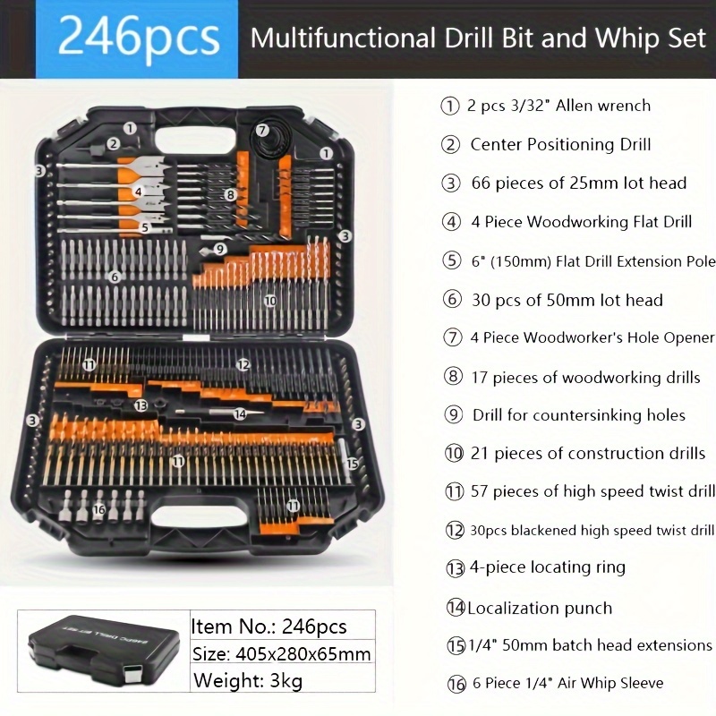 TEMU 246pcs Drill Set, Construction Drill Woodworking Drill Bit Flat Drill Hole Opener Spiral Drill Set, Hole Opener Set