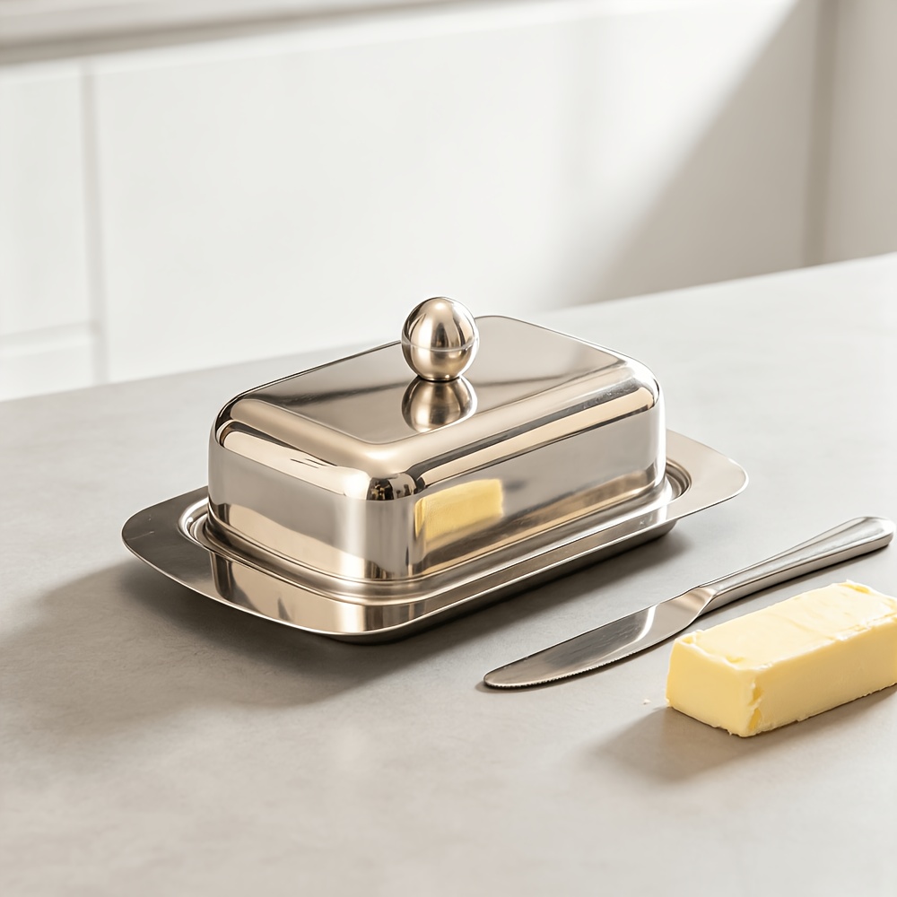 TEMU Stainless Steel Butter Dish - Household Kitchen Food-grade Stainless Steel Butter Storage Container, Cold Plate Plate. Suitable For Baking,