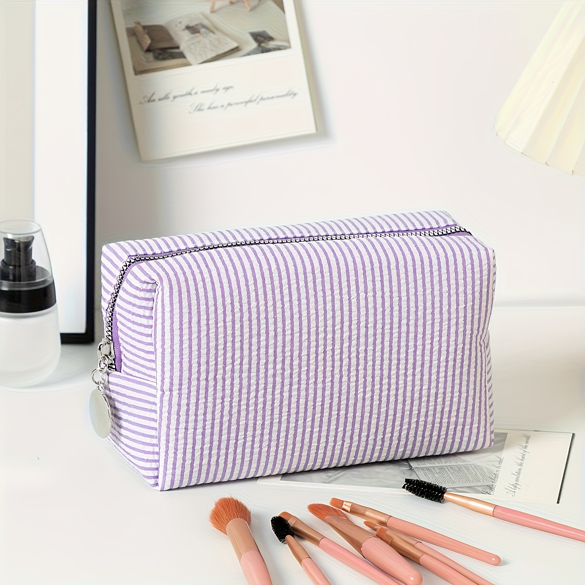 [name Customization] Striped Travel Toiletry Bag, Zippered Makeup Bag - Personalized Name Embroidery, Portable Polyester Cosmetic Organizer, Suitable For Travel, School, Dormitory, Or Home Use