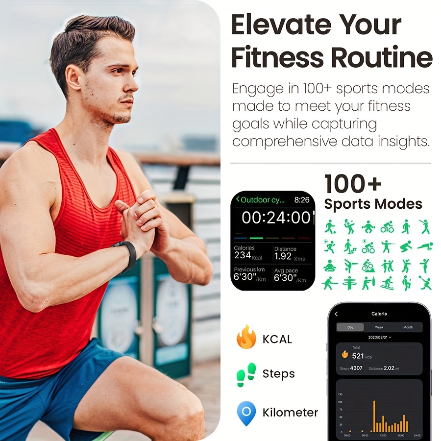 Smartwatch, Men's and Women's Fitness Tracker With Sleep Monitor, 100+ Exercise Modes, USB Charging, Android and iPhone Compatible - Image 10