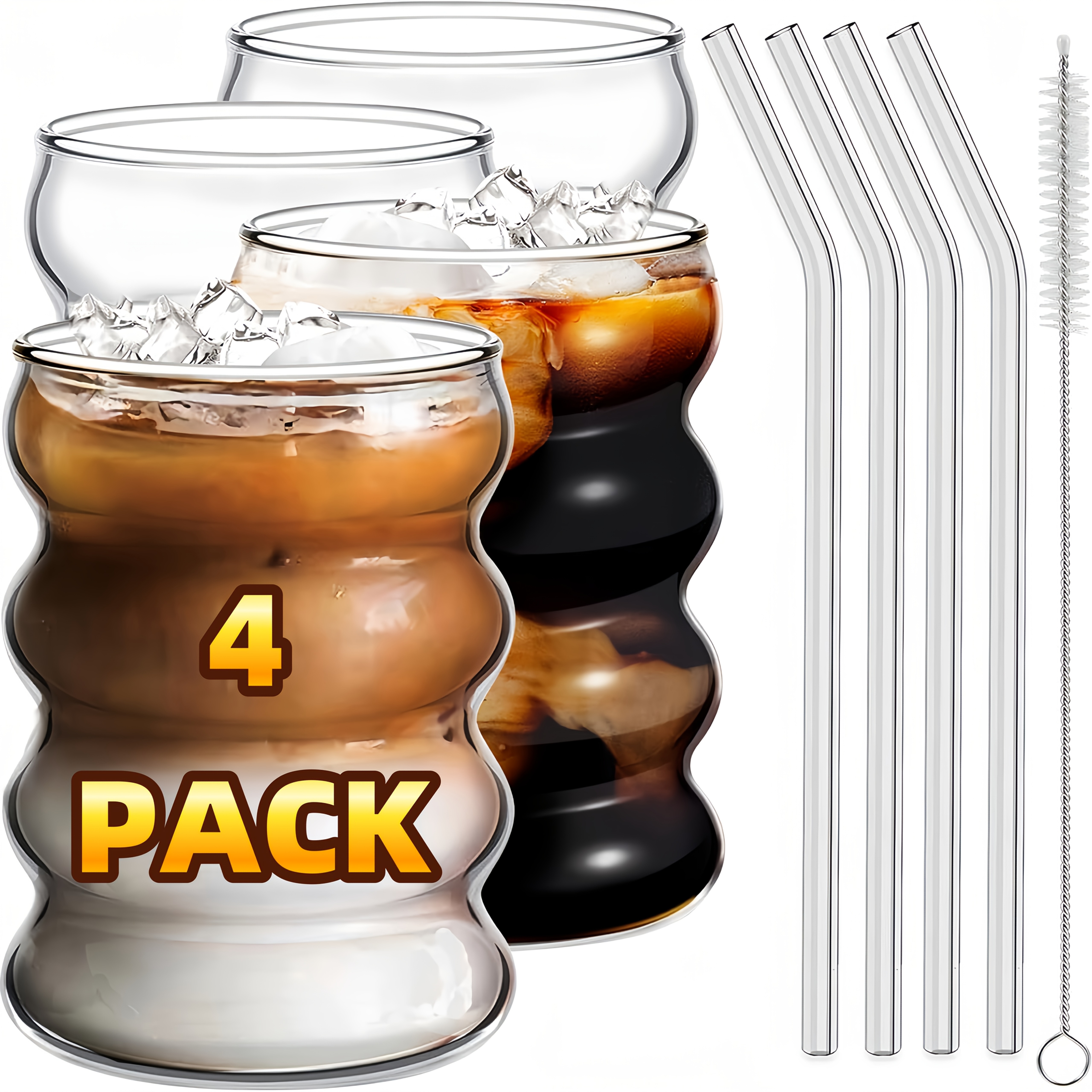 TEMU 4pcs 12oz High Borosilicate Glass Coffee Cups With Straws And Cleaning Brush, Ripple Shaped Vintage Drinking Glass Cups, Clear Aesthetic