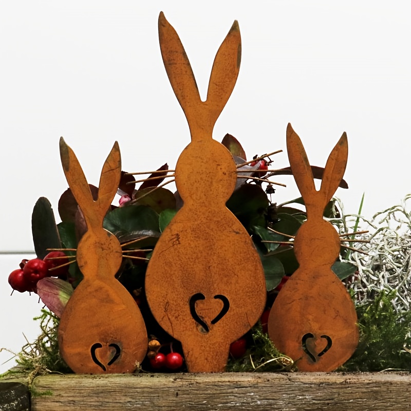 

3pcs Rustic Metal Bunny Garden Stakes, Vintage Yard Art Decor, Outdoor & Indoor Easter Bunny Ornaments, Universal Holiday Theme, No Electricity Needed, Metal Material, Stake Mounting