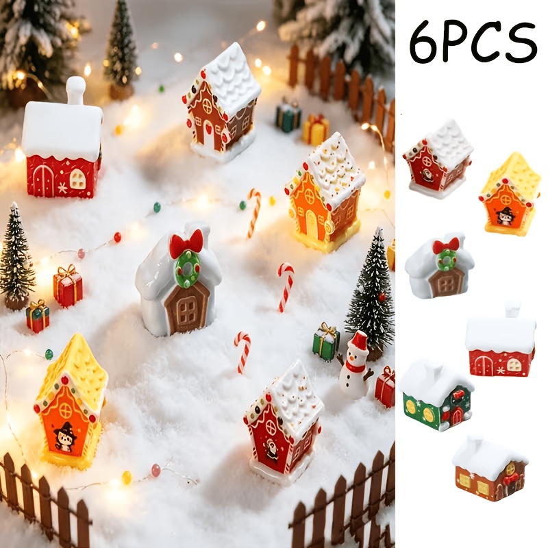 TEMU 6 stuks/set, Creatieve Miniatuur Kerst Cottage Ornamenten. Mini Resin Sneeuwhuis Toevoegingen, Ideaal voor Bureau Potplanten en Terrariums.
