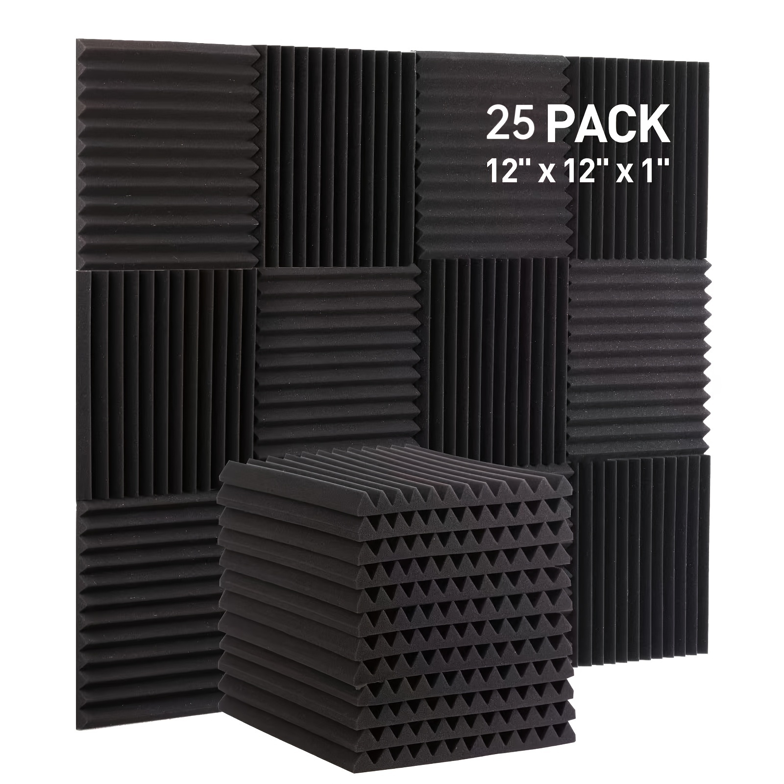 

25-pack Auslet Black Foam Sound Absorption Panels, 12x12x1 Inch, High Density Fireproof Material, Triangle Groove Acoustic Foam For Home Renovation, Studio, Recording Room, Ktv Soundproofing