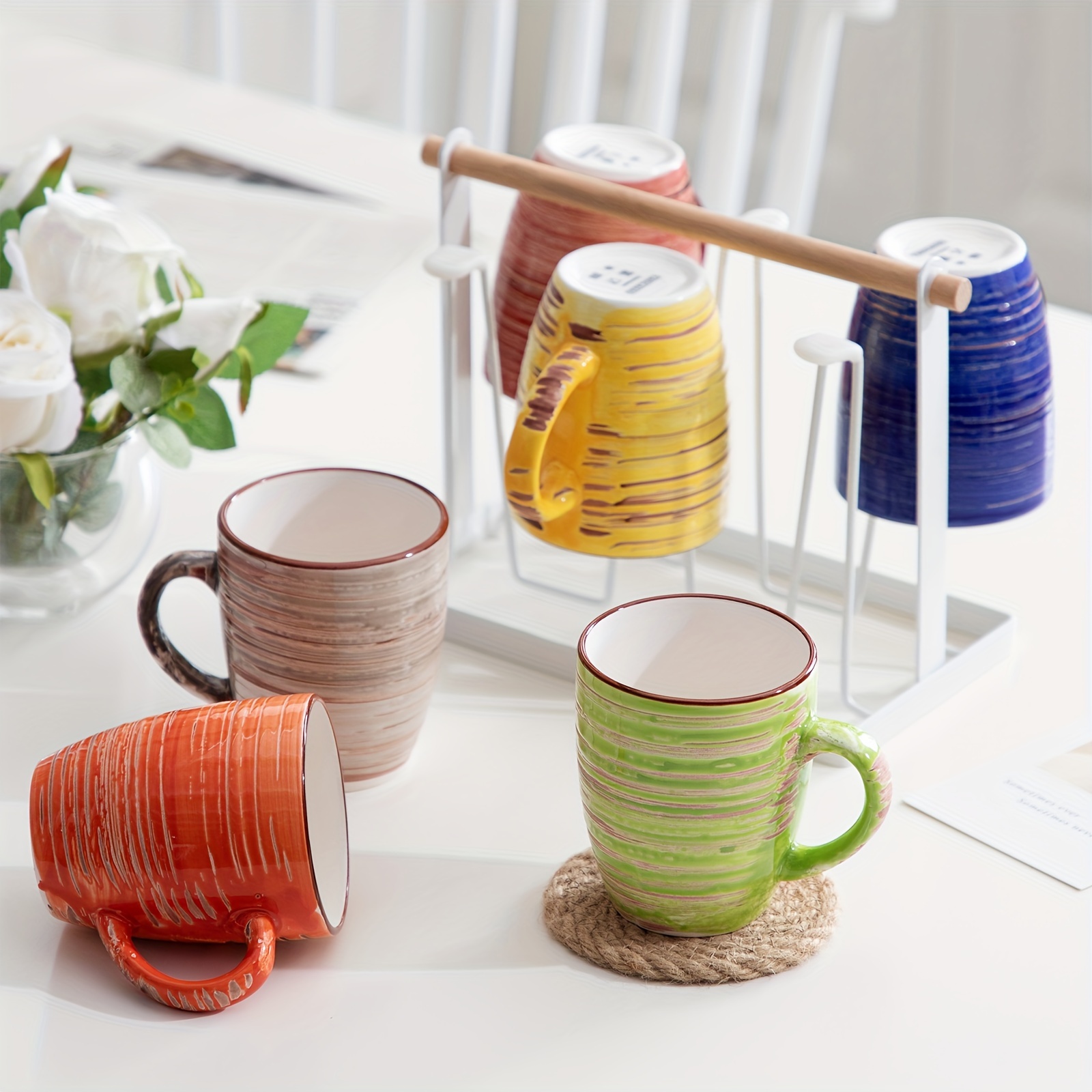 

6 Piece Coffee Mugs Multicolour Stoneware Hand Painted Mugs 390 Ml Coffee Cup For Tea, Milk, Cappuccino