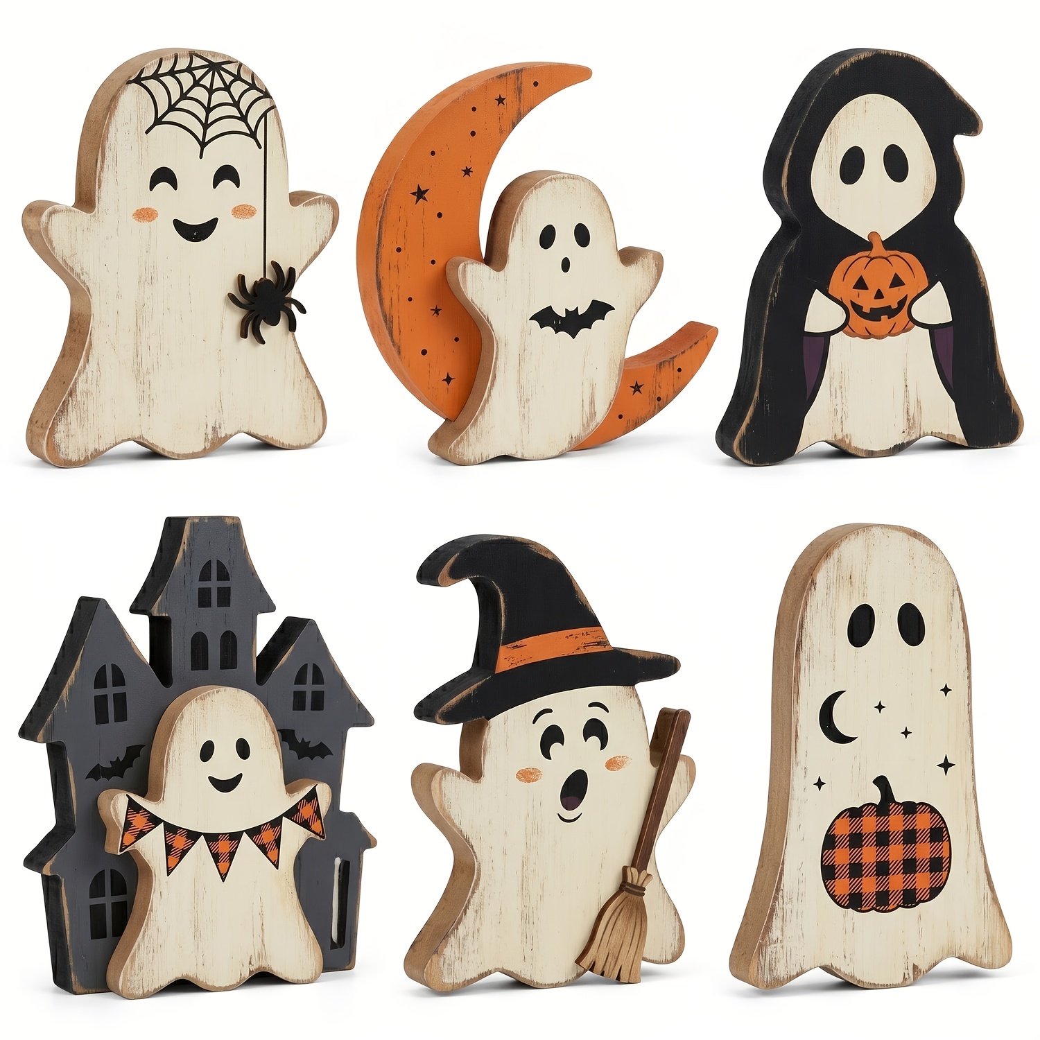 halloween spooky decorations indoor 6pcs wooden ghost table centerpiece set spooky farmhouse home decor tabletop decor for room entryway   room shelf halloween party decor