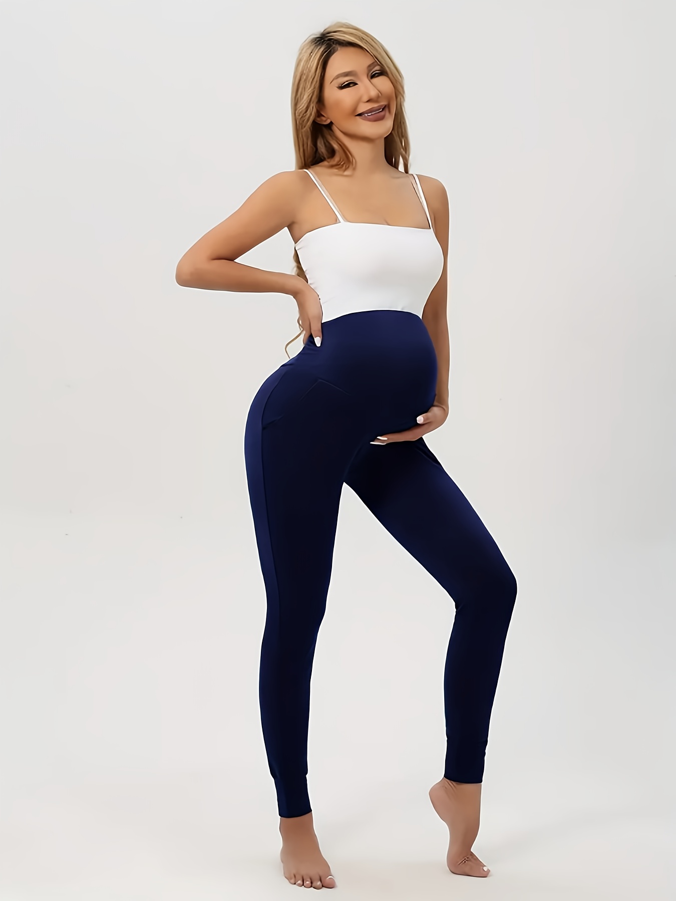 Women's High-Waisted Maternity Leggings with Tummy Control & Belly Button Access - Full-Length Stretchy Yoga Pants with Pockets, Snug Fit for Pregnancy, All-Season Comfort, Machine Washable (Casual & Athletic Wear)