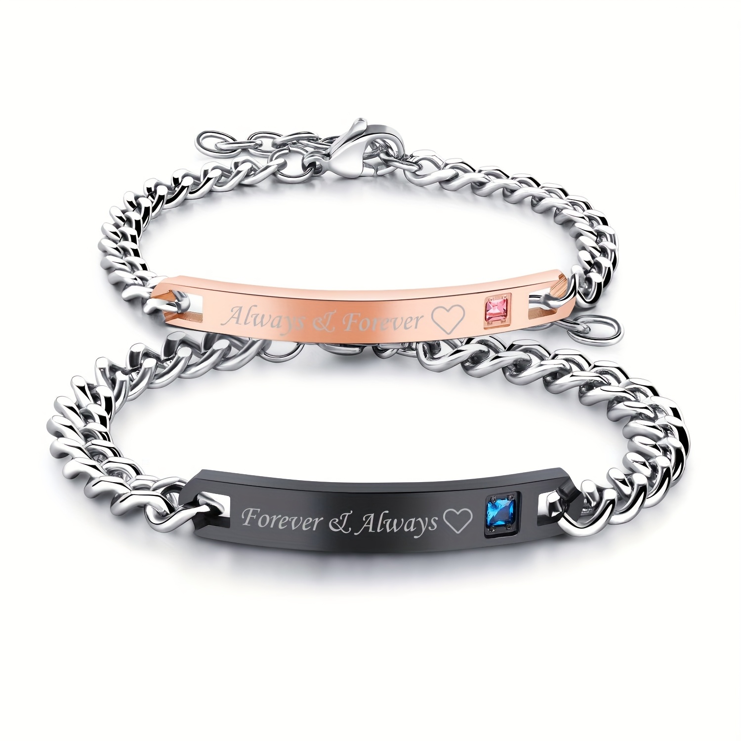 Image of Classic Romantic 2pcs Set Couple Bracelets, Black/rose Golden Stainless Steel Couple Bracelet Set, Valentine's Day Gift For Couples, Wedding Anniversary Gift