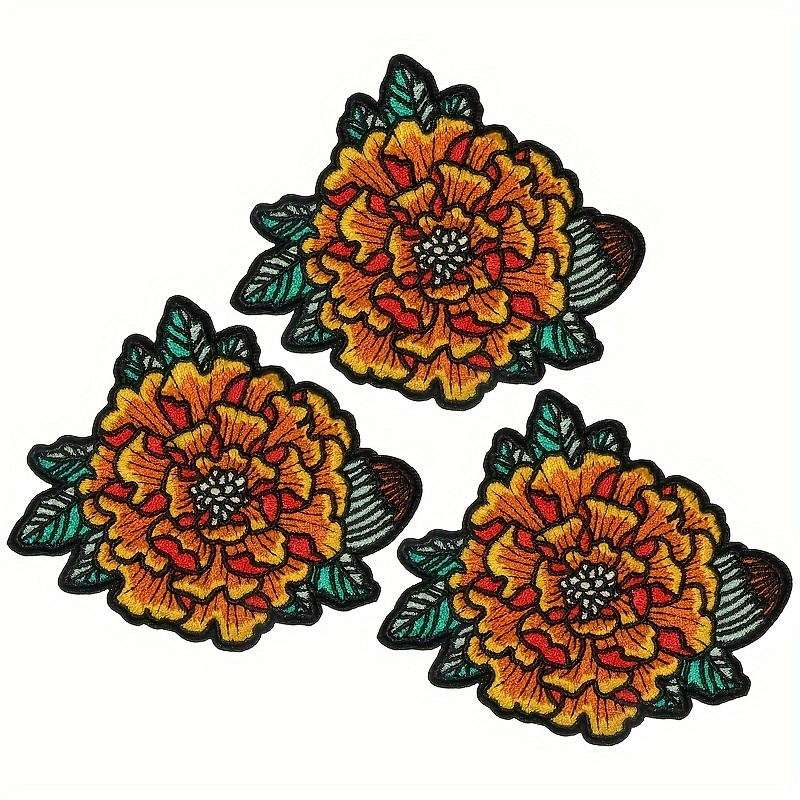 TEMU 3pcs Vibrant Marigold Iron-on Embroidered Patches, For And Accessories