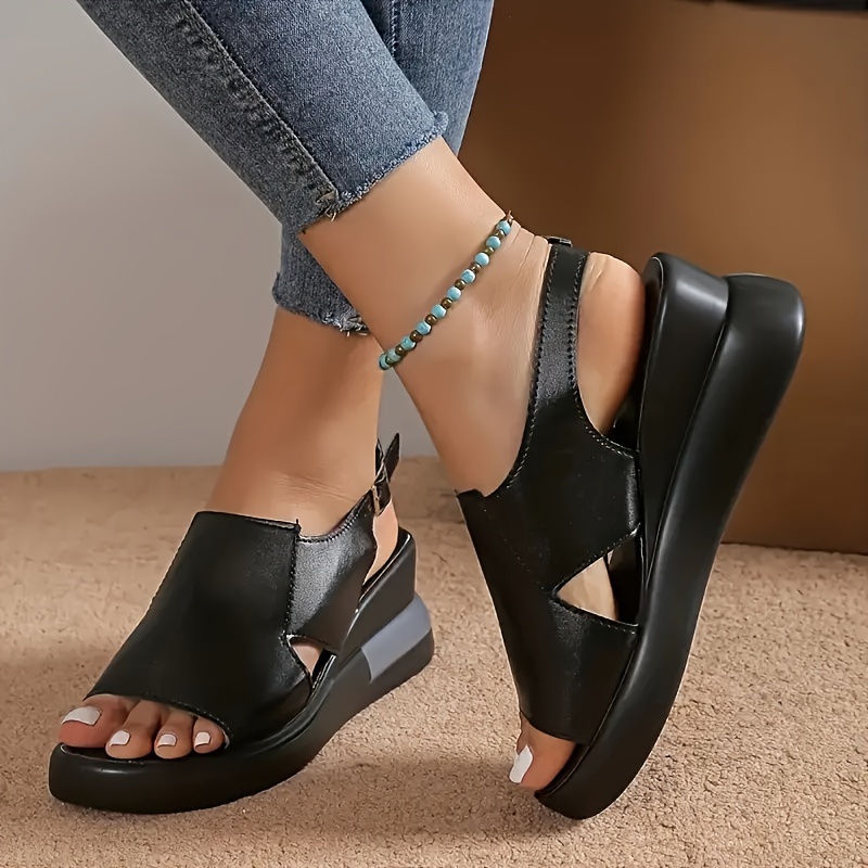 womens solid color wedge sandals casual open toe platform shoes comfortable   strap sandals 5