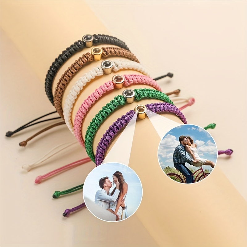 

Customizable Photo Projection Bracelet With Stainless Steel Charm, Fashionable Woven Rope In Colors, Personalized Picture Bracelet For Couples