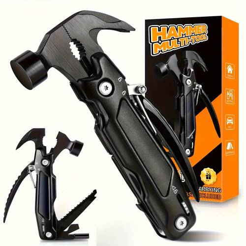 item picture 1pc 14 in 1 heavy duty multi tool hammer with pliers saw screwdriver stainless steel survival tool suitable for camping hiking emergencies diy compact portable with safety lock nylon case gift for men fathers