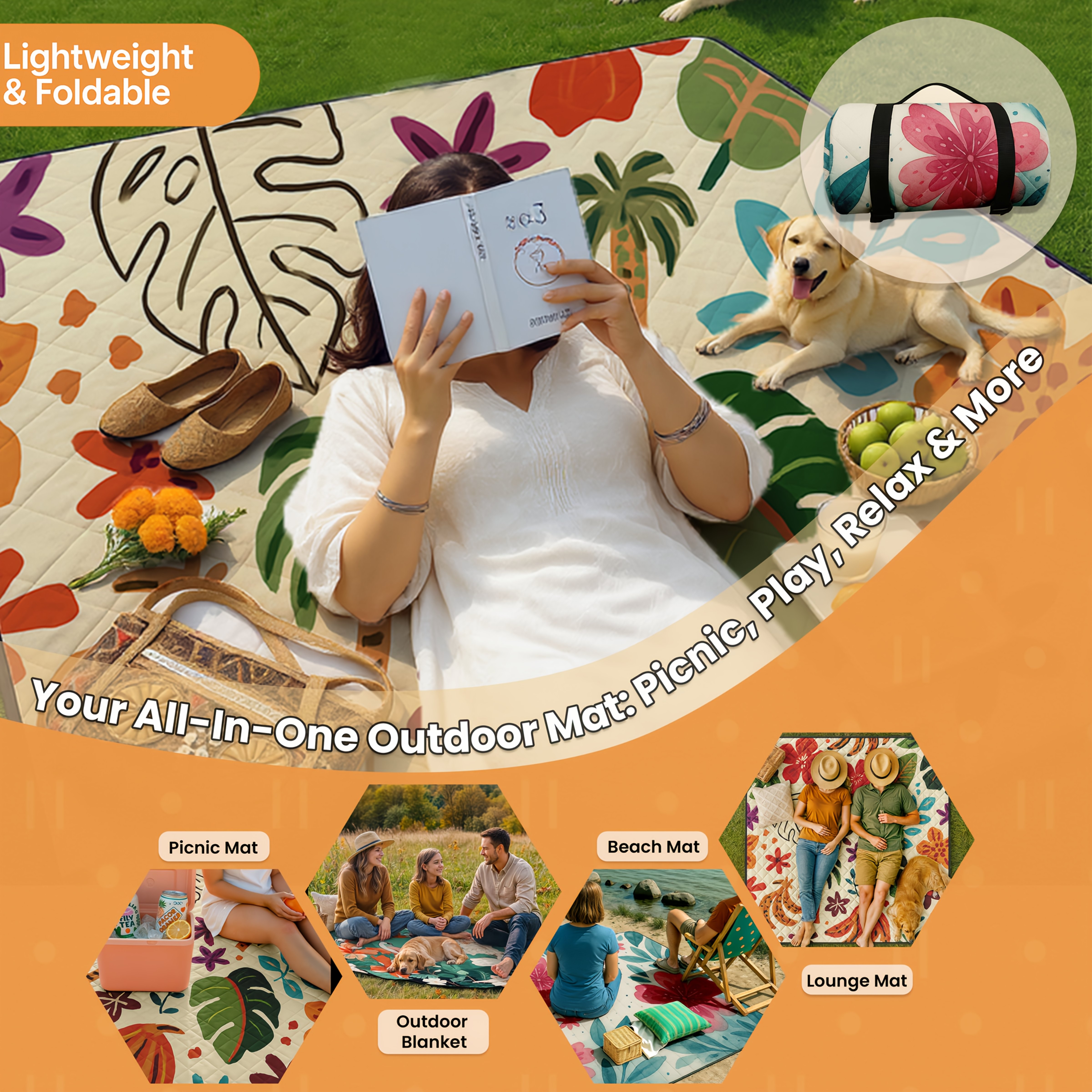 [Picnic Mat] Extra Large Thickened Picnic Mat for 4-8 People - Heavy-Duty 3-Layer Padded Cushioned Base, Non-Slip Foldable Outdoor Blanket with Carry Strap, Large 80x80 Inch Party Mat for Camping, Beach, BBQ, Family Gatherings - All-Season Portable Backyard Decorations, Picnic Table Cover, Camping Accessory, Durable Polyester, Group Outings