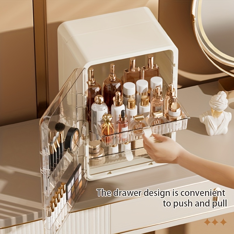 contemporary multi purpose desktop storage cabinet with built in drawers categorized compartments large capacity organizer for jewelry cosmetics makeup brushes lipsticks bottles durable plastic with magnetic closure perfect gift for valentines day mothers day graduation cosmetic holder   transparent side door sturdy construction home organizers Product details 6
