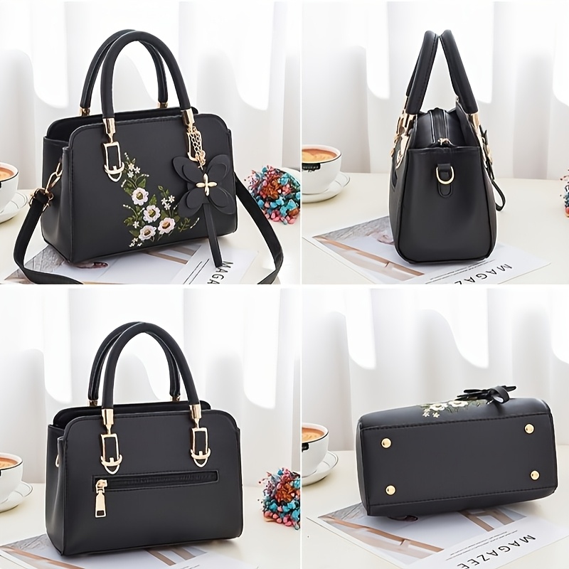 wo s floral embroidered synthetic faux leather handbag large capacity soft handbag with zipper closure and polyester lining detachable handbag with paint Product details 6