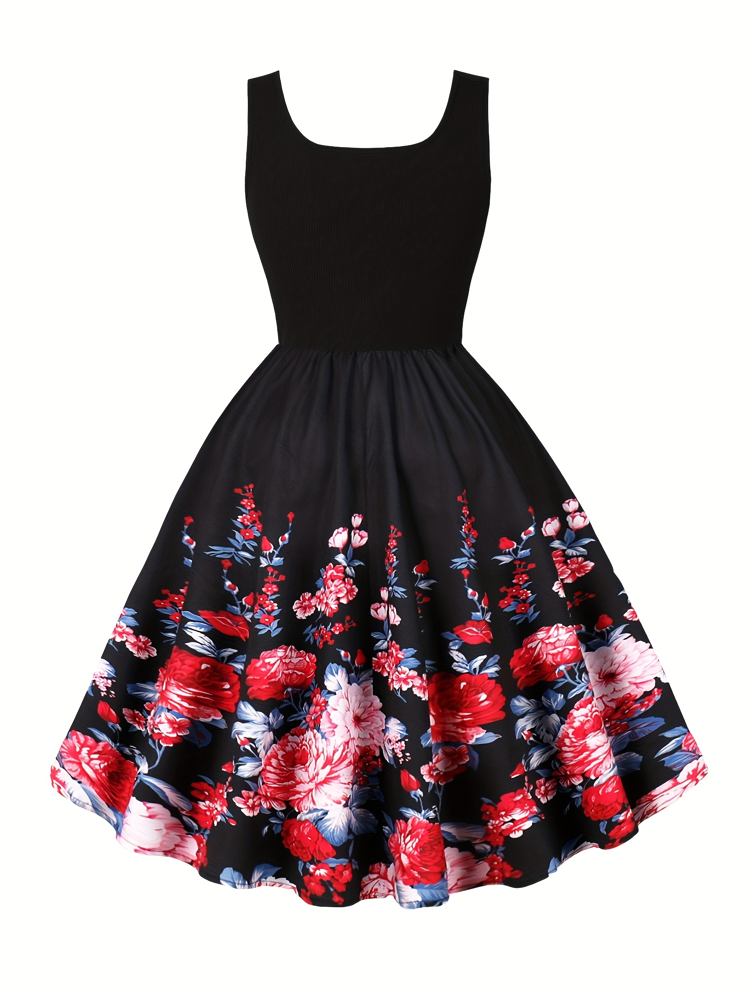 black dress with red and blue flowers Cassiopeia Open Back Maxi Dress Hibiscus Black