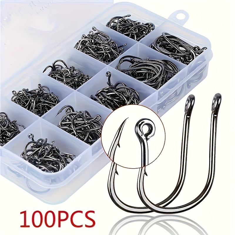 

100pcs Premium Fishing Hooks, 10 Sizes Carbon Steel Fishing Hooks W/portable Plastic Box, Strong Sharp Fish Hook With Barbs For Freshwater/seawater (3# -12#)