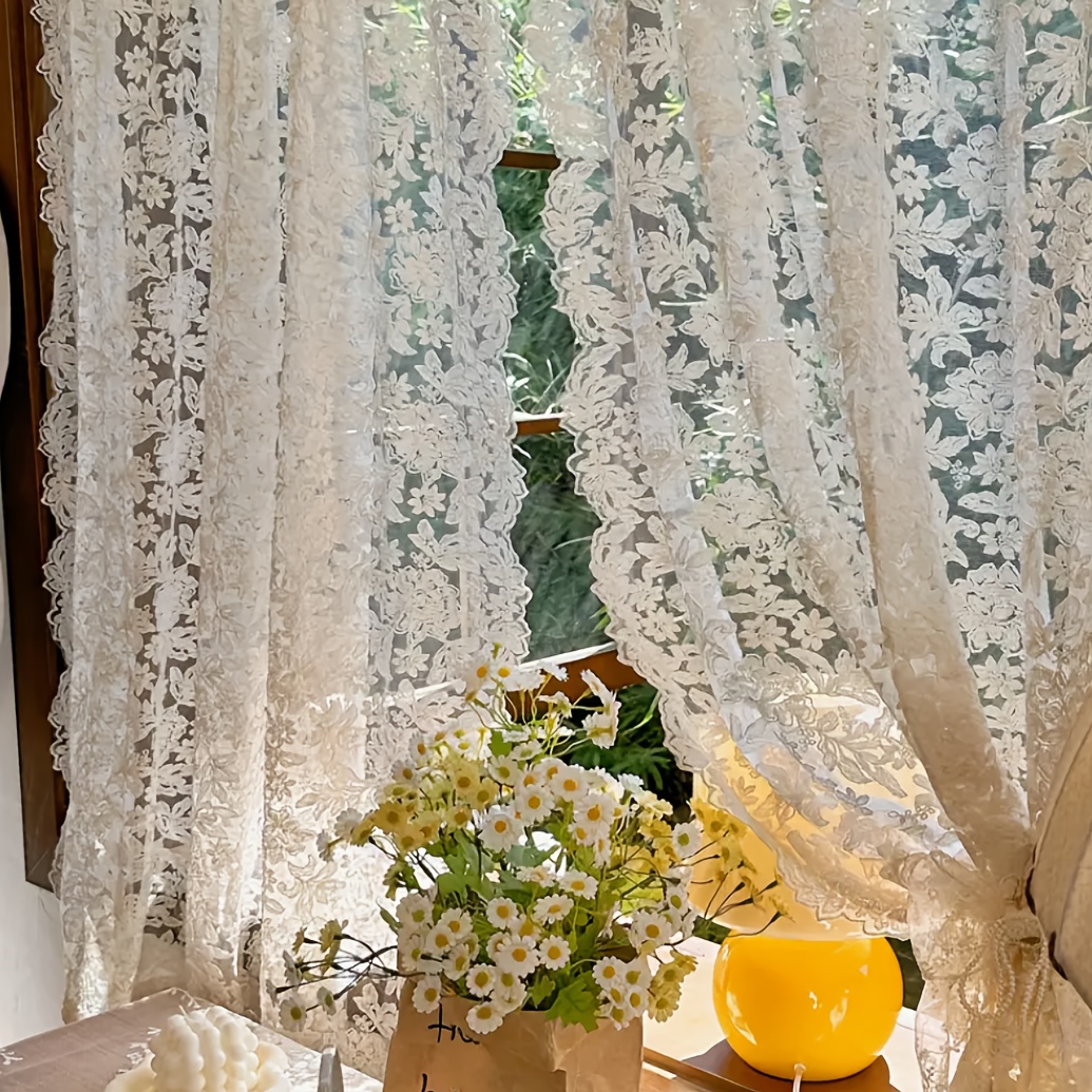 TEMU 1pc French Country Romantic Embroidery Sheer Curtain, Top Rod Hanging, Translucent Aesthetic Decorative Partition Curtain, Lightweight For