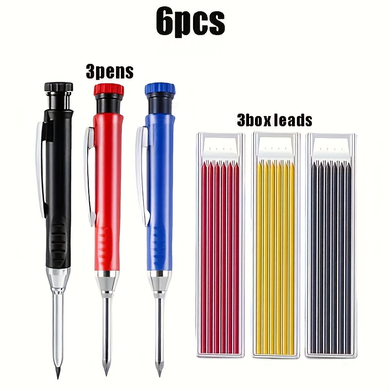 2.8mm Metal Long Tip Woodworking Mechanical Pencils Set, 3 Colors Deep Hole Scribing Woodworking Pencils, Engineering Drawing Scribing Pencils Fine Writing Instruments(3pens+ Leads)