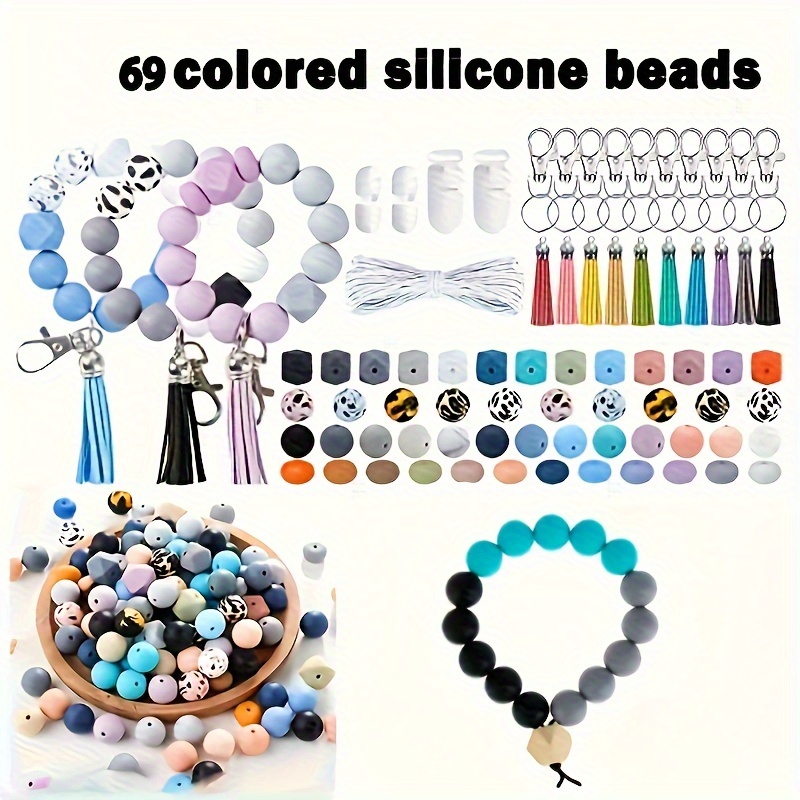 

69-piece Silicone Bead Diy Keychain Kit With Tassels And Cord, Multi- Beads Set For Key Rings, Jewelry Making, Women's Novelty Keychains With Lobster Clasp, Ideal For Christmas Gifts And Decorations