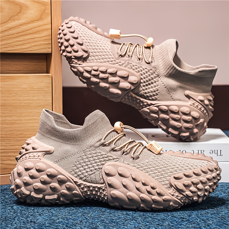 Sand-colored Knitted Mesh Outdoor Shoes with Particle Detailing, Low-Top Thick-Soled Dad Sneakers, Slip-On with Drawstring, Casual Breathable Athletic Running Shoes, Plus Size Men's Shoes