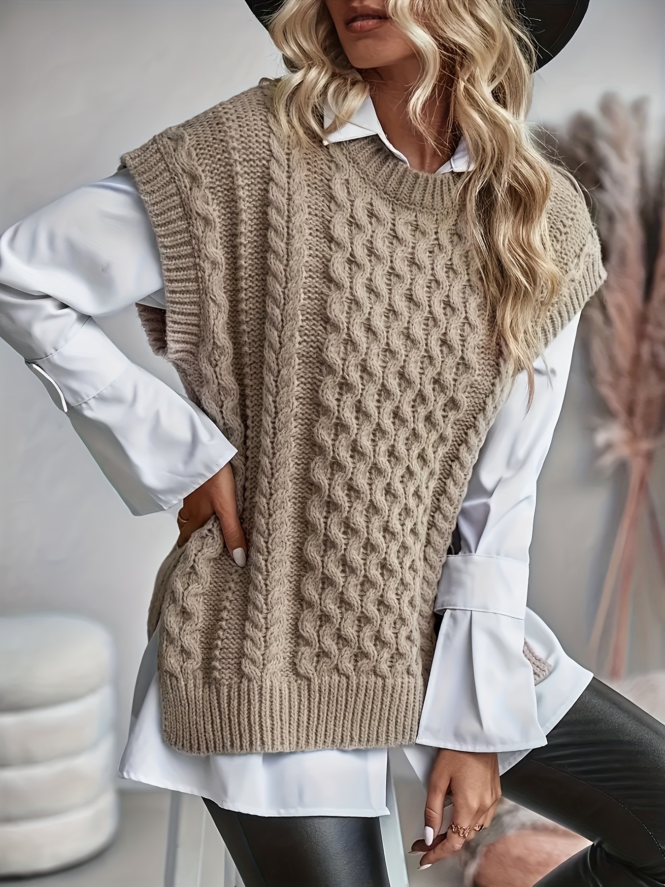 plus size cable knit knitted vest versatile cap sleeve solid