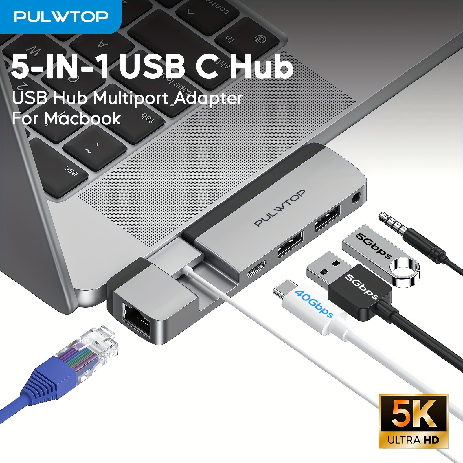 

Pulwtop Usb For Macbook Pro/air M3 M2 M1 2023 2021, Usb Adapter Usb C 40 5k@60hz, , 100w , Ethernet, 2*usb A ( Authorization)