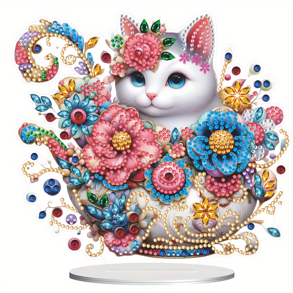 

Diy 5d Diamond Painting Kit - Acrylic Cat In Floral Teacup Mosaic Art Craft, Irregular Shaped Diamonds, Tabletop Decor For Bedroom And Dining, Unique Gift Box