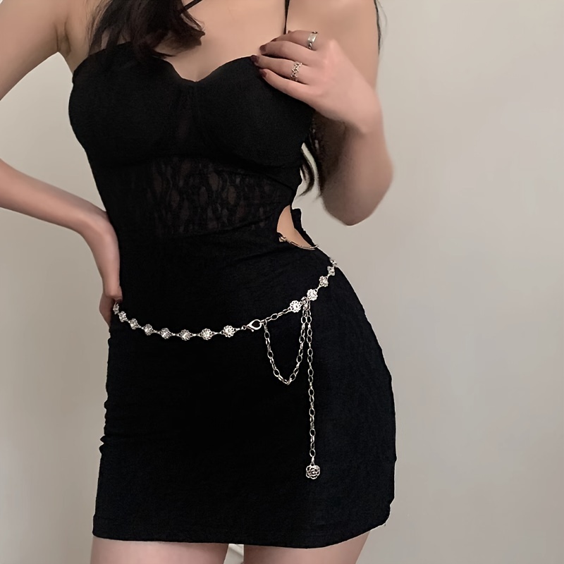 

Rhinestone Flower Chain Belts Elegant Silvery Waist Chain Adjustable Body Jewelry Trendy Dress Chain For Women Daily Uses