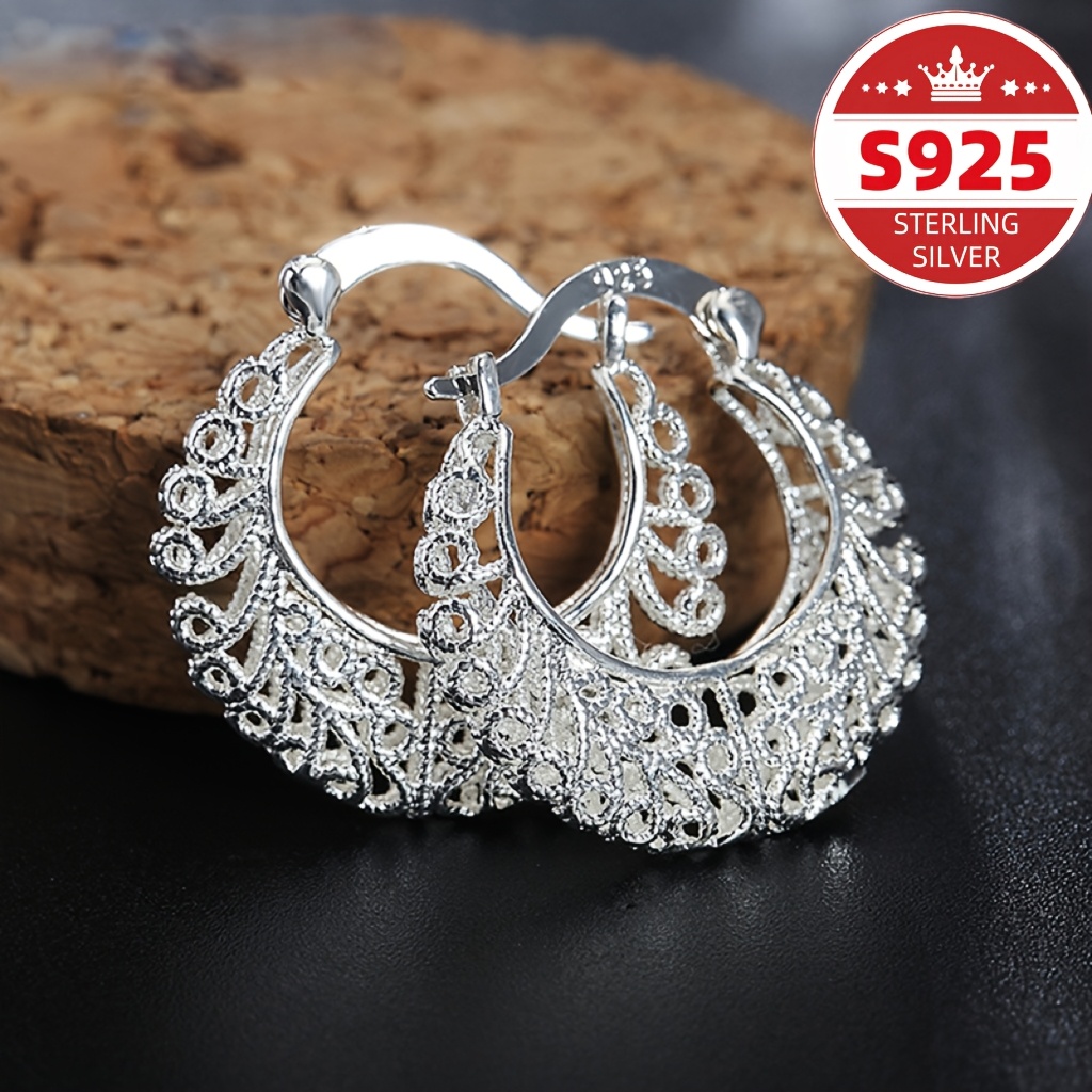 

S925 Pure Silvery Bohemian Retro Hollow Flower Vine Loop Earrings For Women Carving Earrings For Wedding Parties Jewelry Gifts , Essential For Girls, Perfect Gift For Valentine's Day, Day Carnival