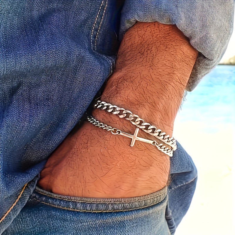 1pc Men' Steel Double-layer Bracelet With Cross Pendant - -plated, Durable Jewelry Suitable For Daily And Formal Occasions