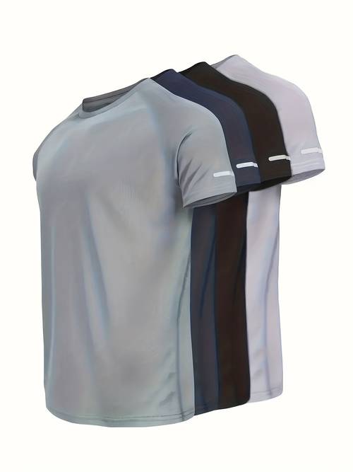 4 high quality and trendy mens summer breathable quick drying t shirts moisture absorbent sweat wicking crew collar t shirts with reflective strips to visibility solid color moisture absorbent fabric suitable for multiple