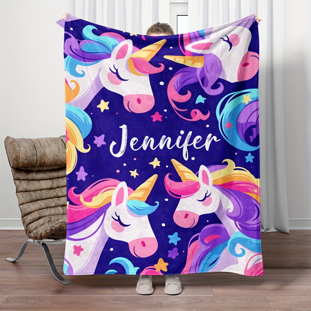 

1pc Customizable Unicorn Rainbow Flannel Blanket - Soft, Warm, Lightweight For Sofas, Beds, Travel, Etc. - Personalized Gift For Girls