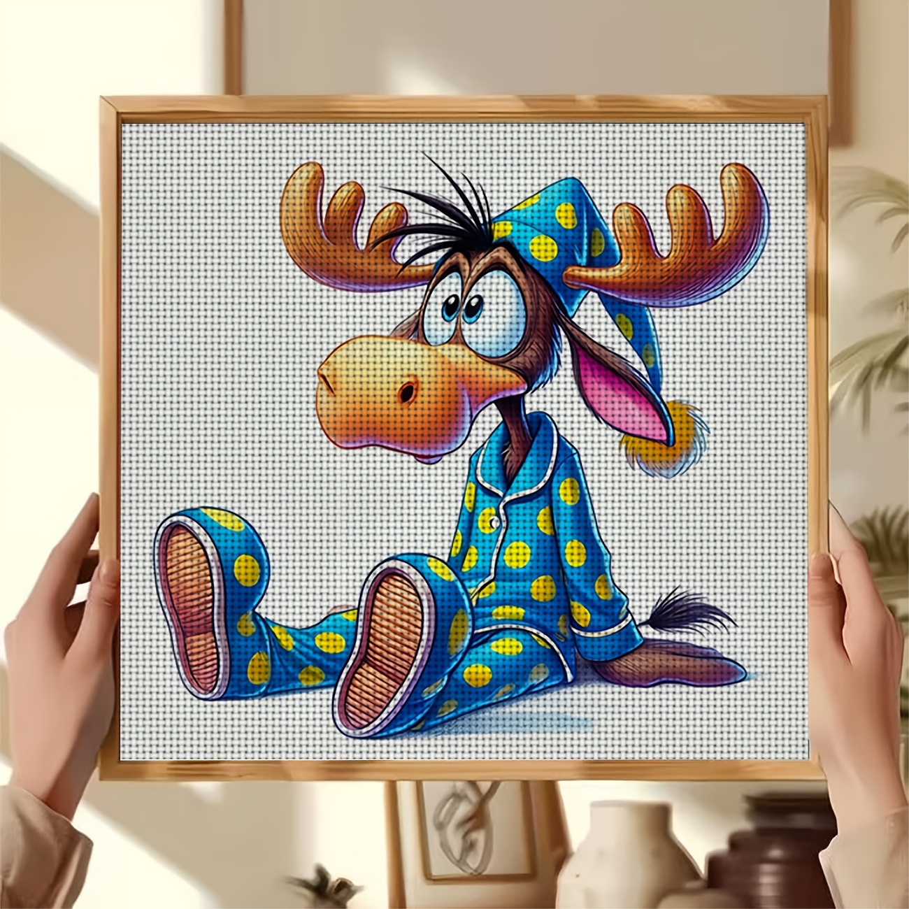 Cross Stitch Printed Kit, Reindeer Pajamas Design, Frameless