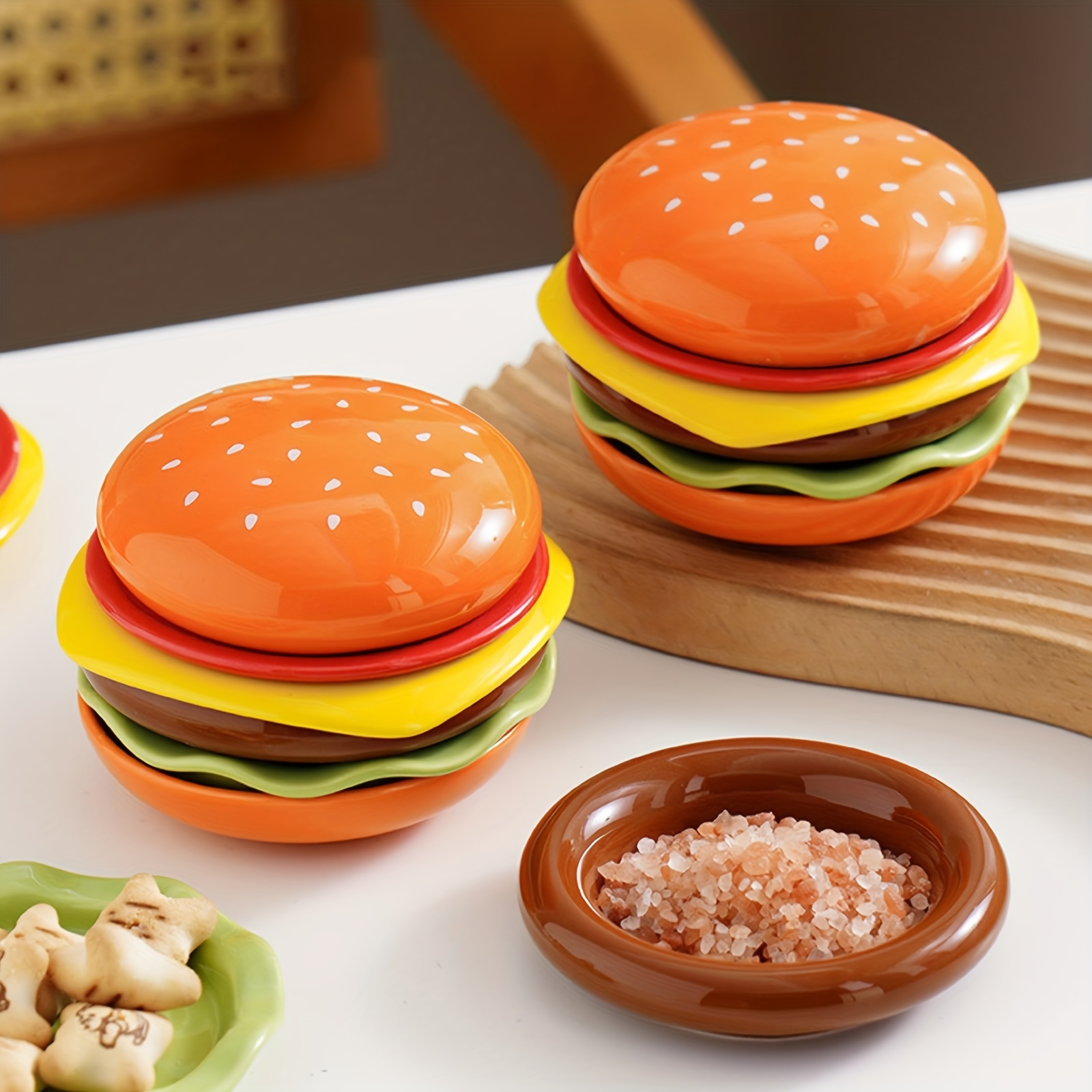6 layer stackable hamburger shaped mini plates colorful plastic durable plates for family dinners parties picnics space saving design easy table decor snack serving trays party serving dishes tableware material Product details 8