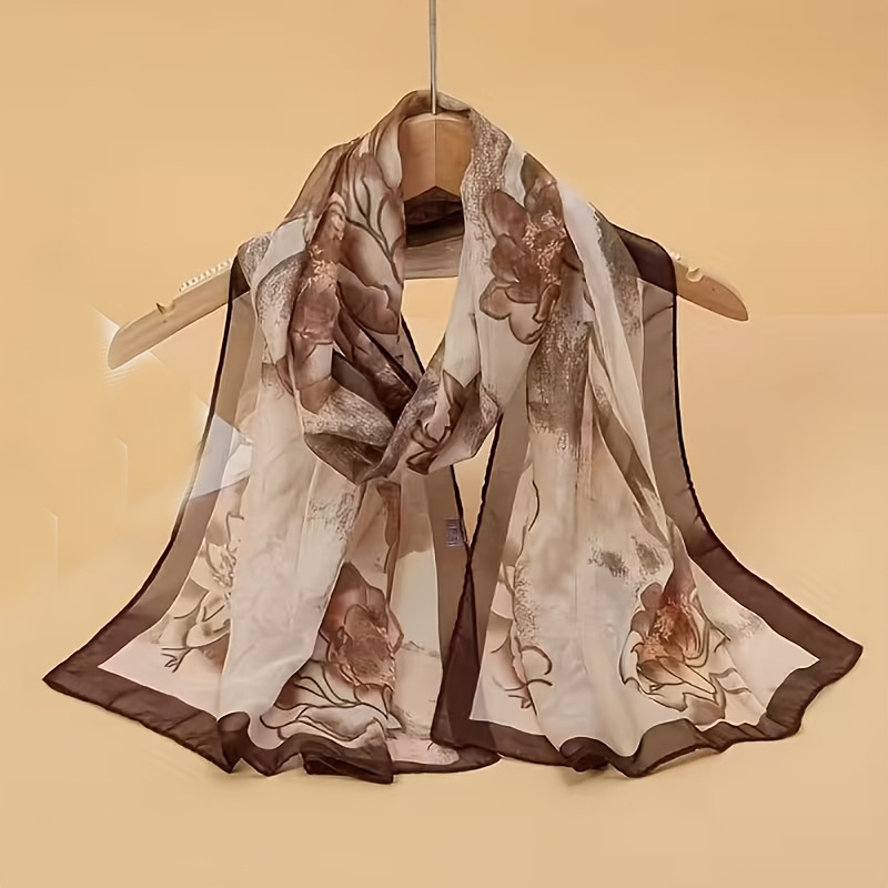 TEMU 1 Sciarpa Elegante in Chiffon , Misura 50x150 cm, Stile e . Sfondo in un e Raffinato Beige-marrone/Blu-grigio, con un Delicato Motivo a e un