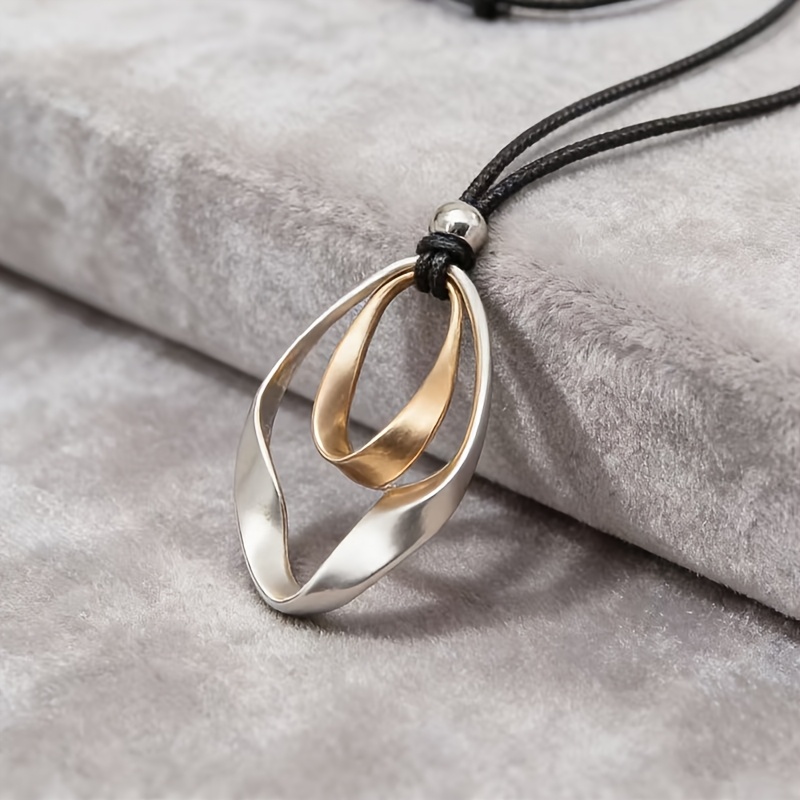 TEMU European And American Elegant Twisted Texture Teardrop Pendant Necklace, Golden And Silvery, With Black Cord. Perfect Gift For Girlfriend,