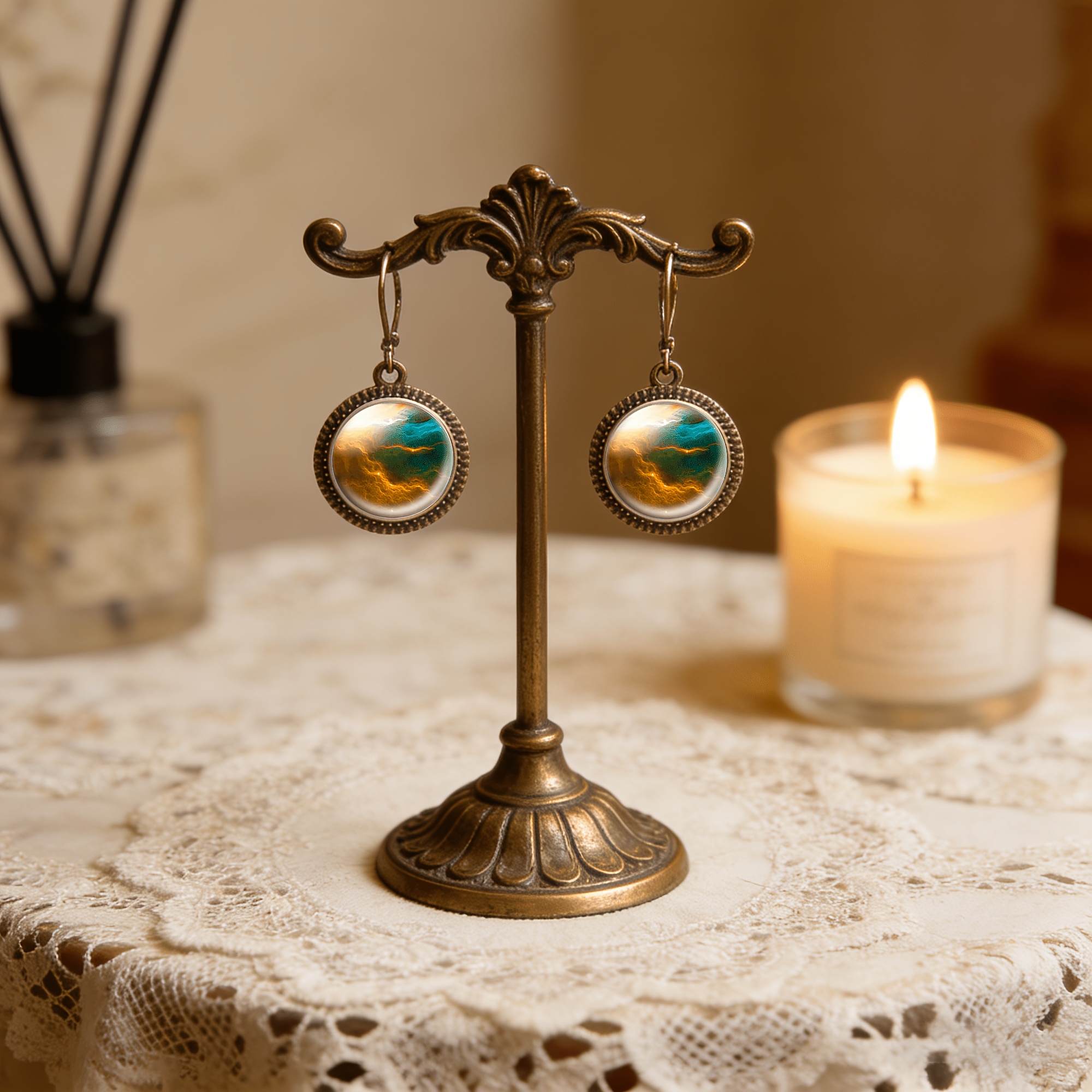 2pcs Teal Classic Drop Earrings Set, Colorful Circular Design