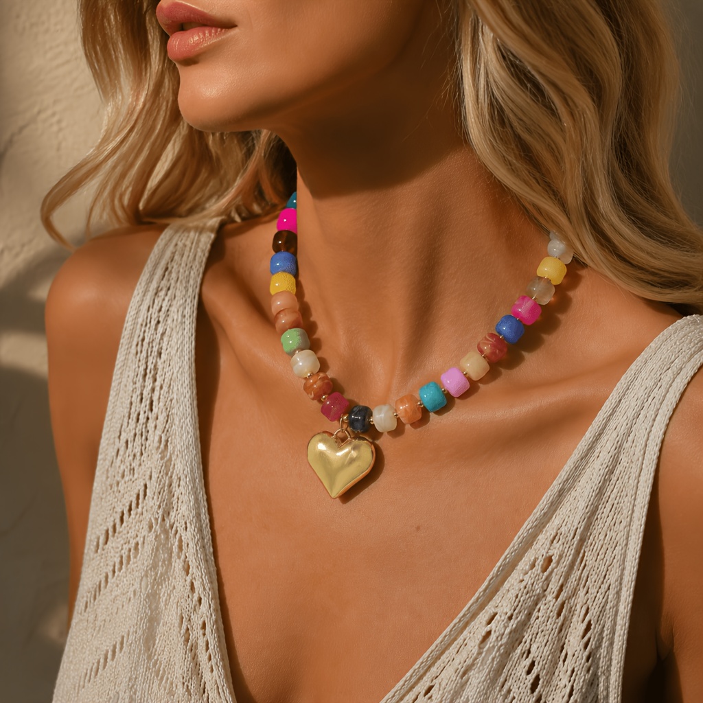 TEMU Multicolor Beaded Heart Women's Necklace, Golden Alloy Thick Chain Choker, Bohemian Y2k Pendant Necklace, Summer Beach Jewelry, Gift For