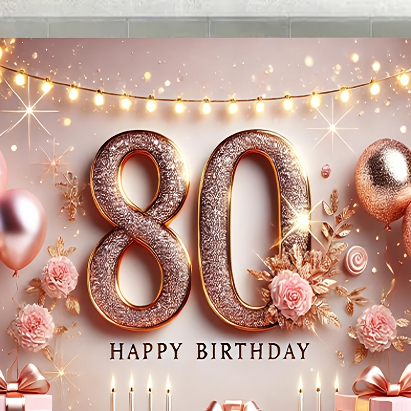 

1pc, 80th Birthday Polyester Backdrop 7x5ft, Golden & Pink Theme, Multipurpose Party Decoration Banner, Cake Table , Outdoor Celebration, No Electricity Needed, 100% Polyester