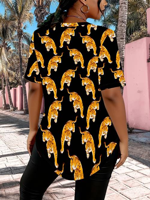 womens plus size tiger print v neck short sleeve t shirt loose and trendy summer top
