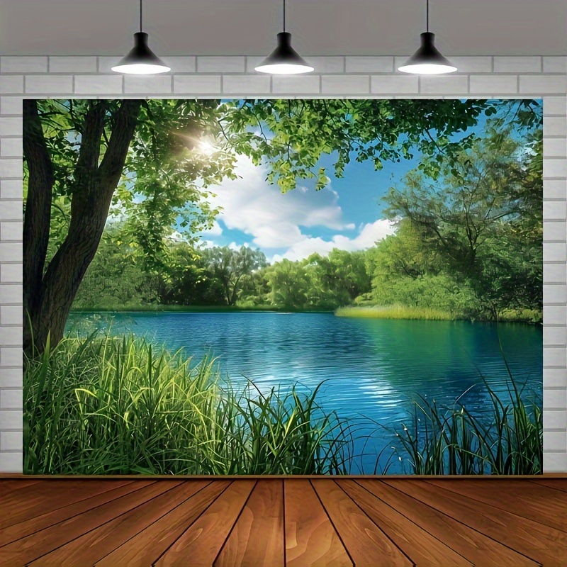 

River & Vibrant Forest Backdrop - Serene Blue Water, Sunny Sky Scenery - Ideal For Outdoor Picnics, Camping, Hiking Photos & Nature-inspired Events - Durable Polyester