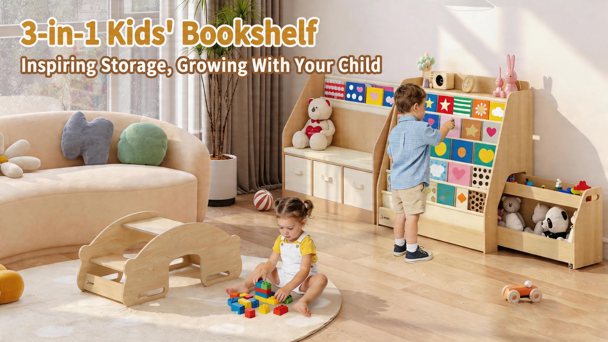 Triple Combination And Book Storage Organizer With Wheels - 5-tier Bookshelf + Mobile Storage Cart With Hidden Drawers, Space-saving Wooden Storage Cabinet, Suitable For Bedrooms, Playrooms, And Nurseries.